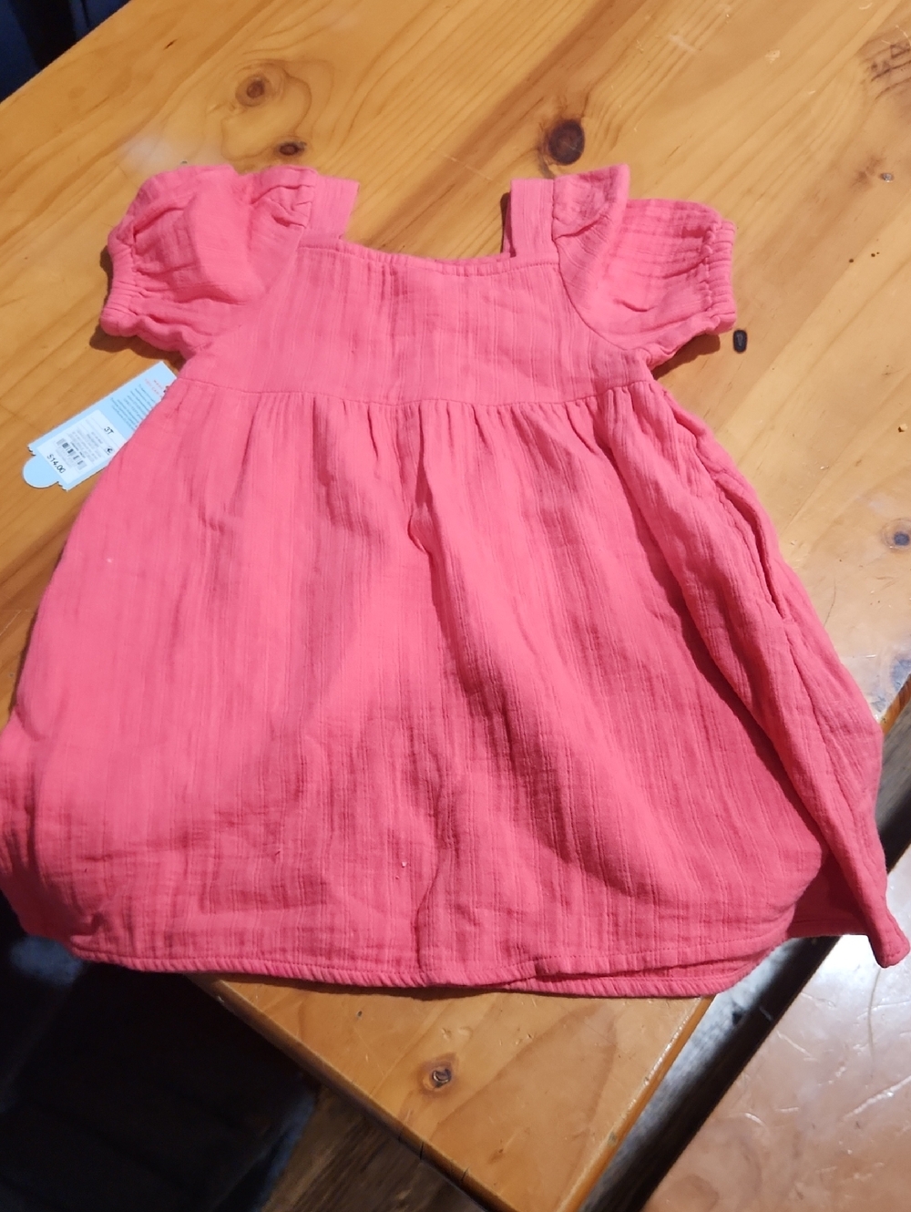 Girls' Coral Pink Cotton Gauze Dress with Puff Shoulders